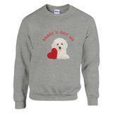 Unisex cotton sweatshirt featuring "Babes U Got Me" and a cute puppy holding a heart, perfect love gift for any occasion.
