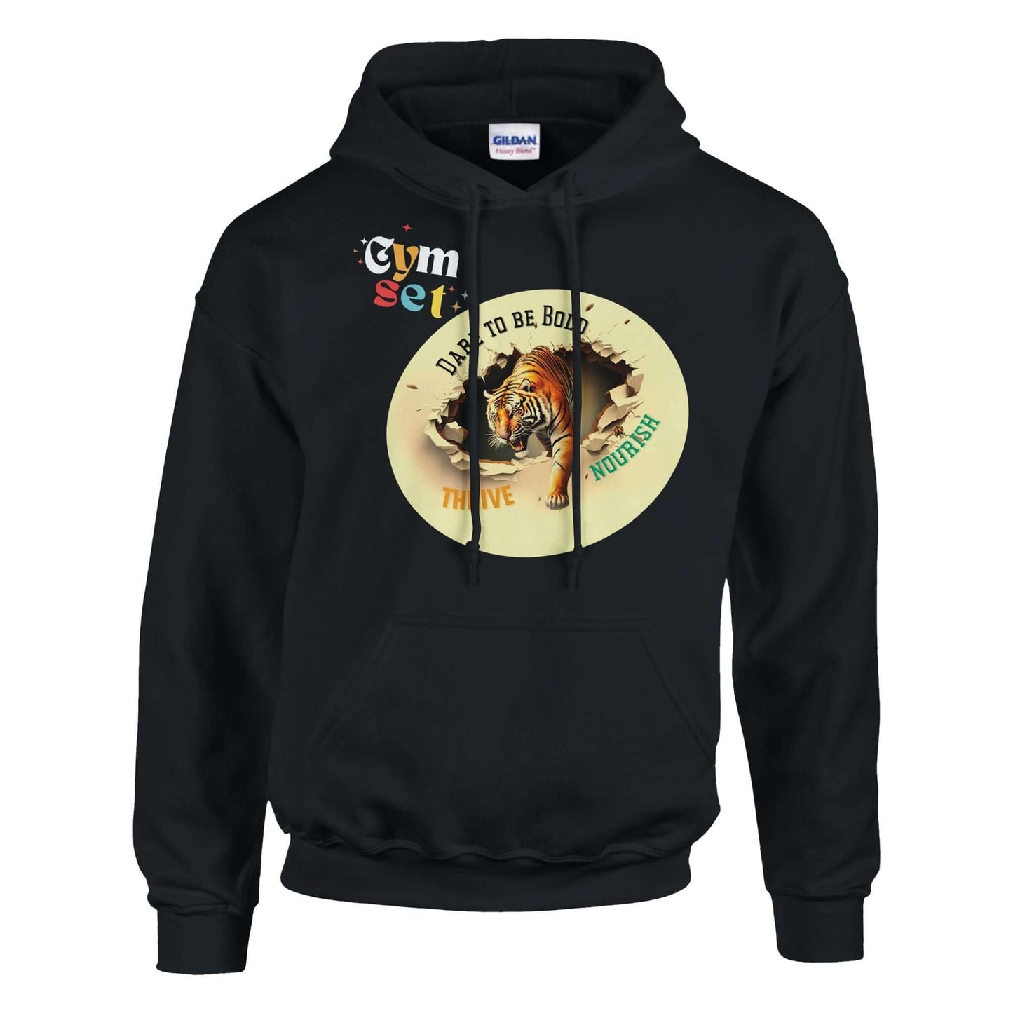 black unisex hoodie with a tigger coming out of his den and the worrds dare to be bold thrive nourish