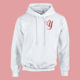 White unisex pullover hoodie featuring Heart & Y design, double-lined hood, front pouch pocket, and ribbed cuffs.