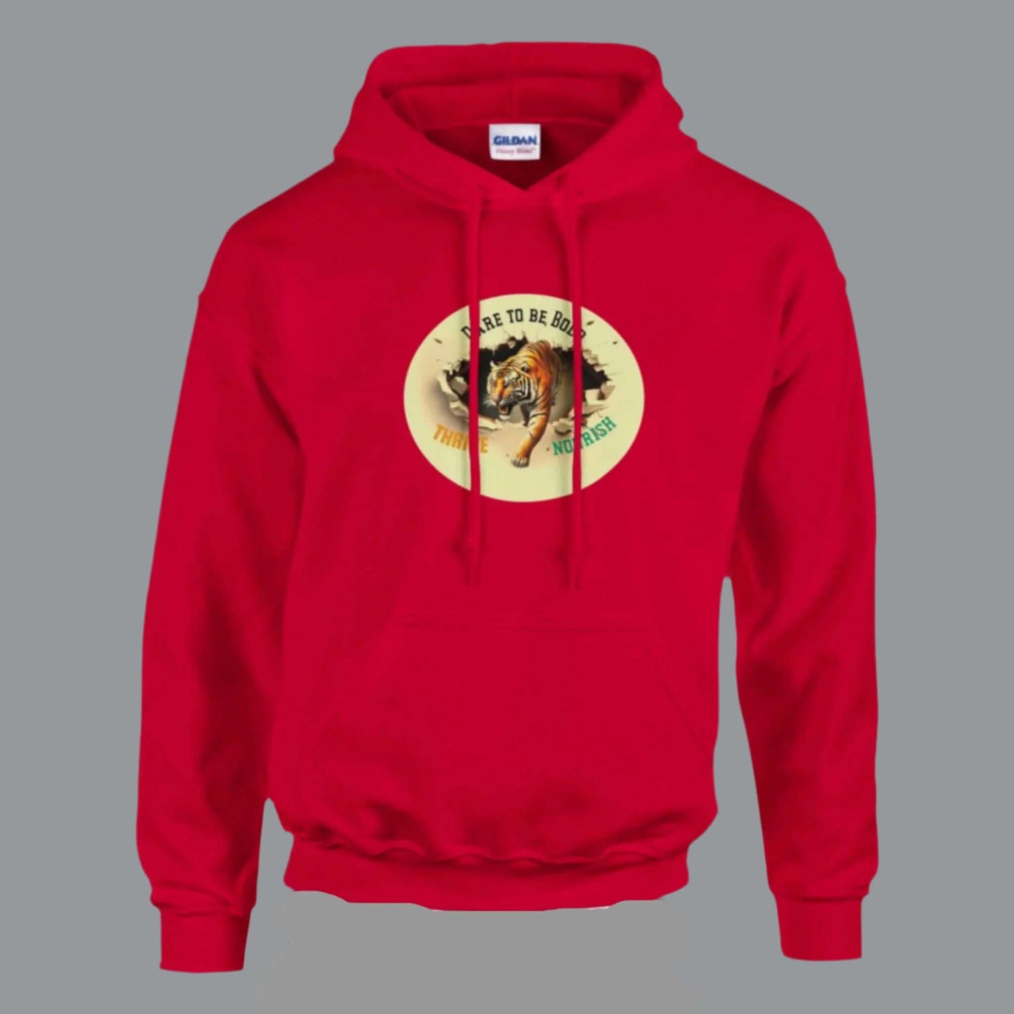 RED long sleeve hoodie pulloverm, with the image of a tiger coming out of his den