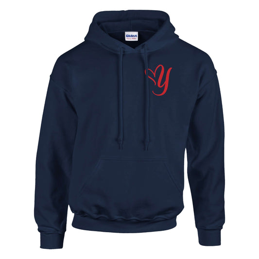 Navy unisex pullover hoodie with heart and Y design, soft cotton-poly blend, featuring front pocket and double-lined hood.