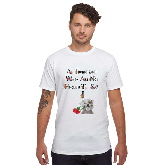 Organic unisex American made t-shirt with love quote, featuring a rose and a puppy, promoting eco-friendliness and comfort.
