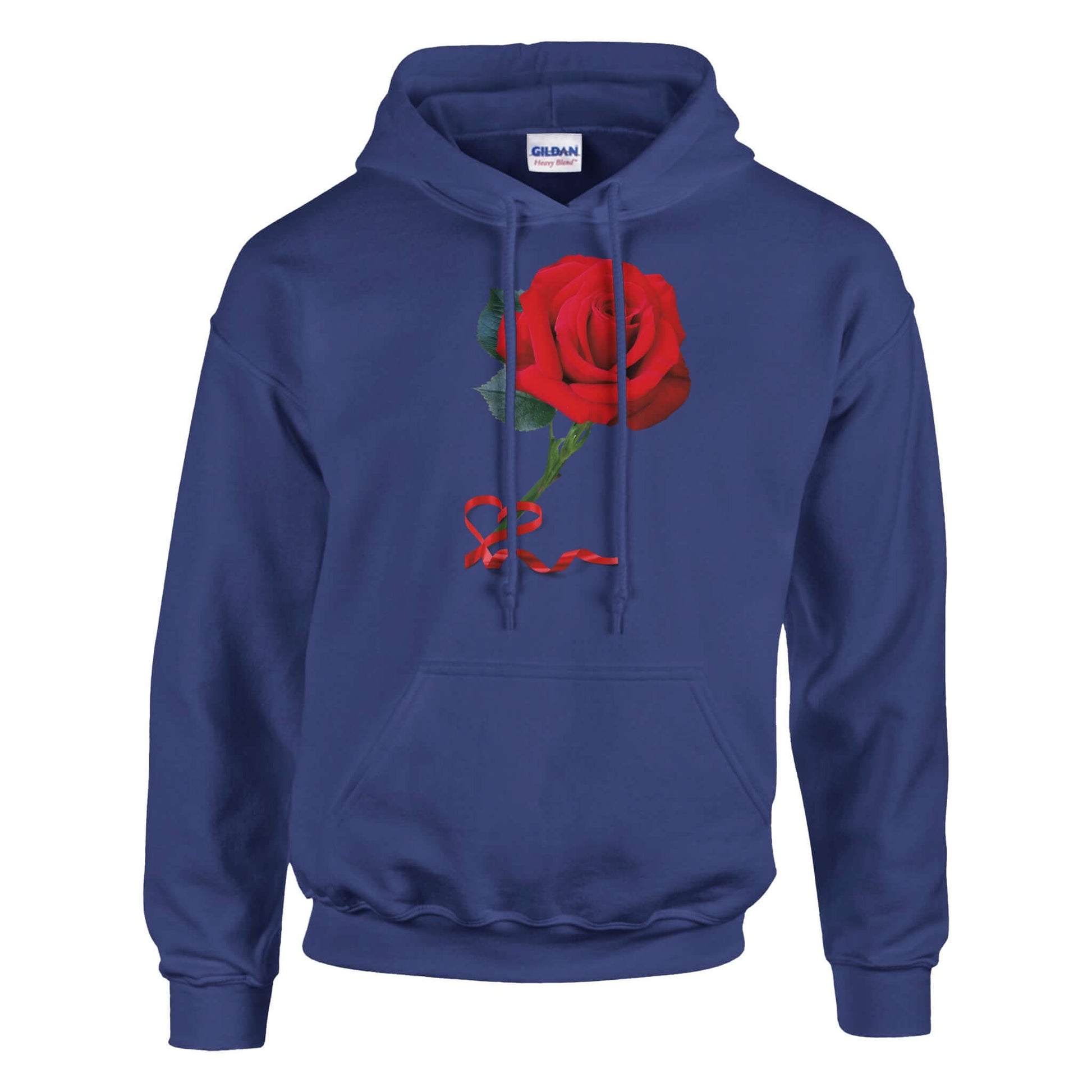 Red Rose - Love In Any Language unisex pullover hoodie featuring a vibrant rose graphic on blue background.