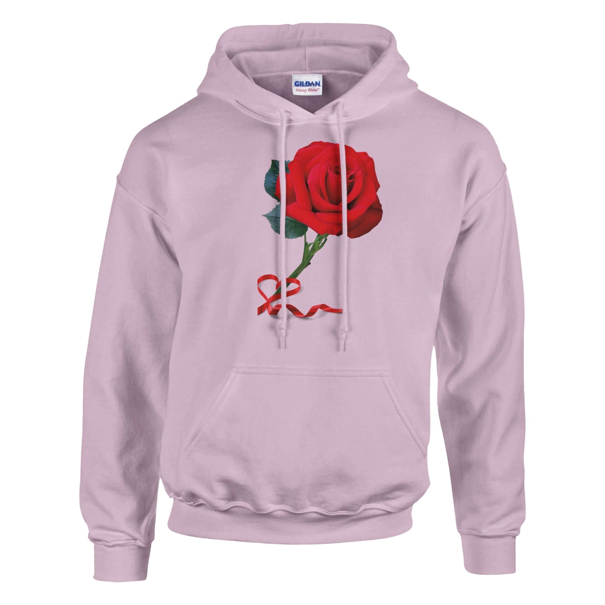 Red Rose unisex pullover hoodie, soft blend fabric, double-lined hood, perfect for casual wear and expressing love.