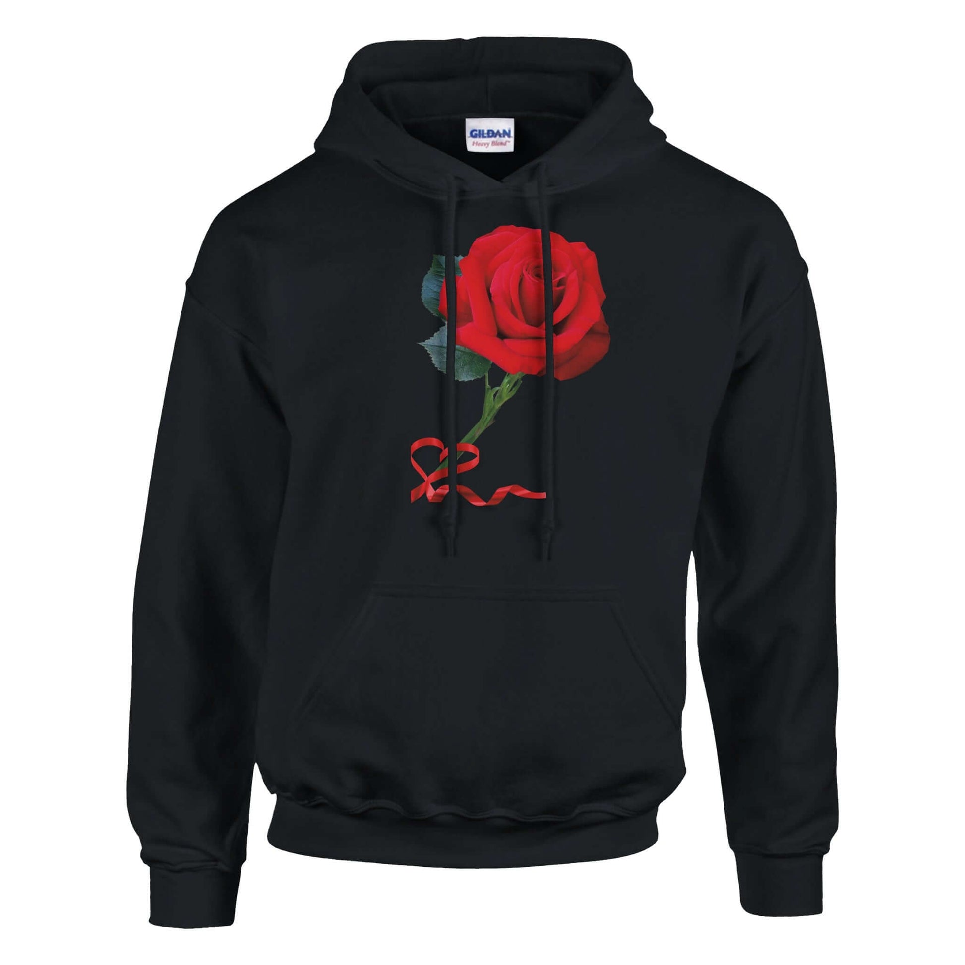 Unisex pullover hoodie featuring a vibrant red rose design on a black background, perfect for casual wear.