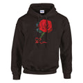 Unisex pullover hoodie featuring a vibrant red rose design on a black background, perfect for expressing love.
