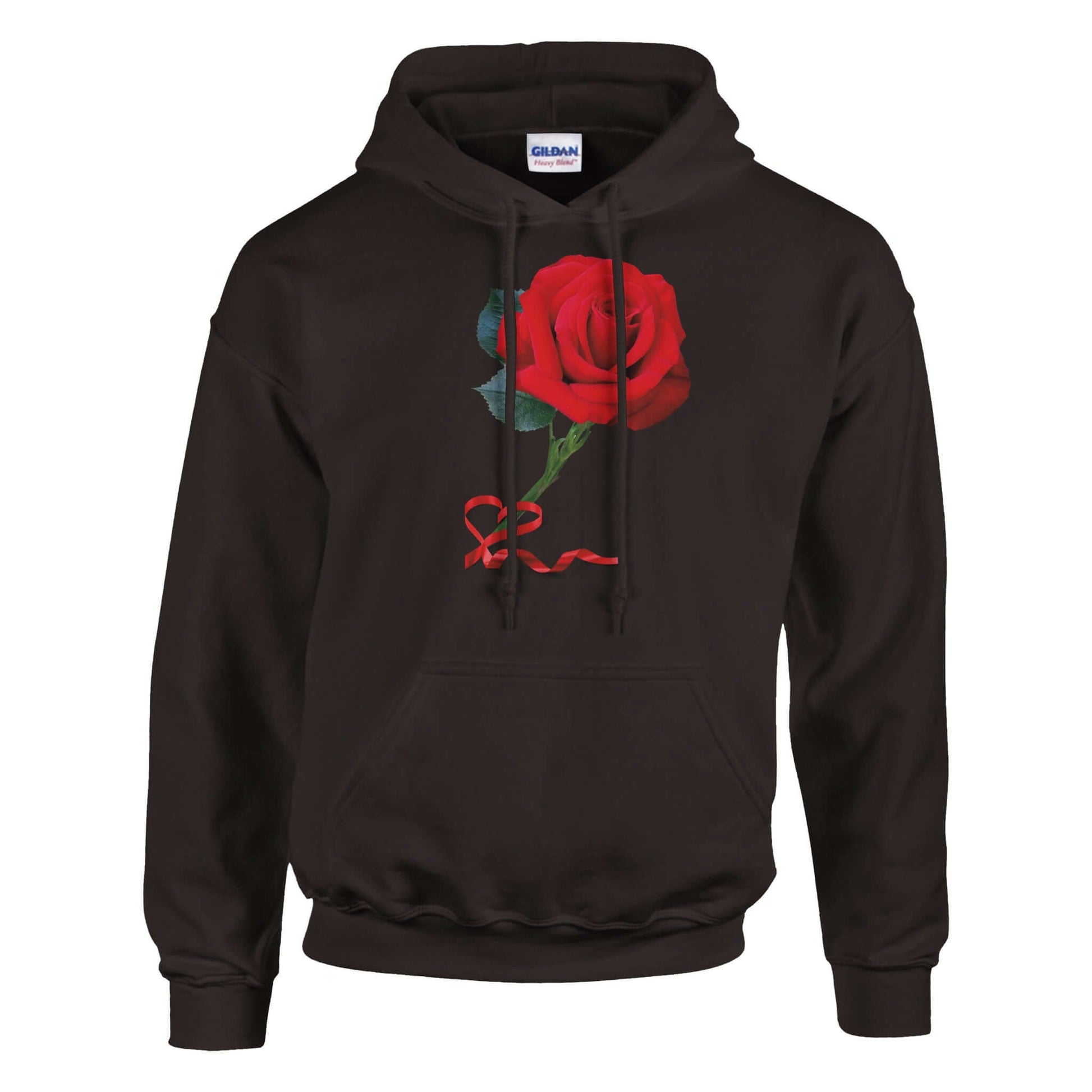 Unisex pullover hoodie featuring a vibrant red rose design on a black background, perfect for expressing love.