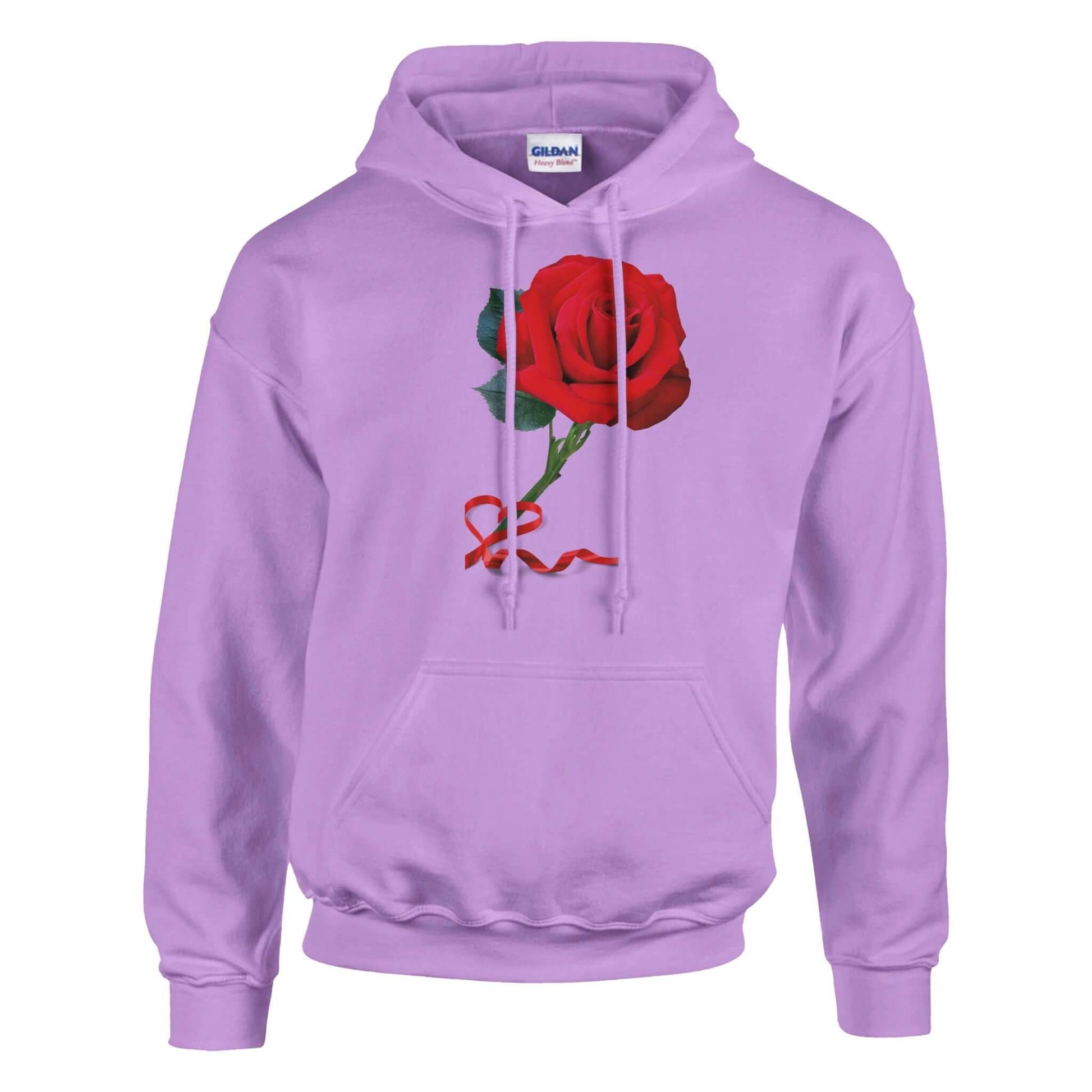 Red rose graphic unisex pullover hoodie with a soft cotton-polyester blend, double-lined hood, and front pouch pocket.
