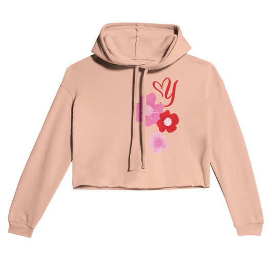 Flower Petals Heart & Y-Love Cropped Hoodie in blush pink with vibrant floral design and chic raw hem.