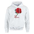 Red Rose unisex pullover hoodie featuring a vibrant rose graphic, crafted for comfort and style in a cotton-poly blend.