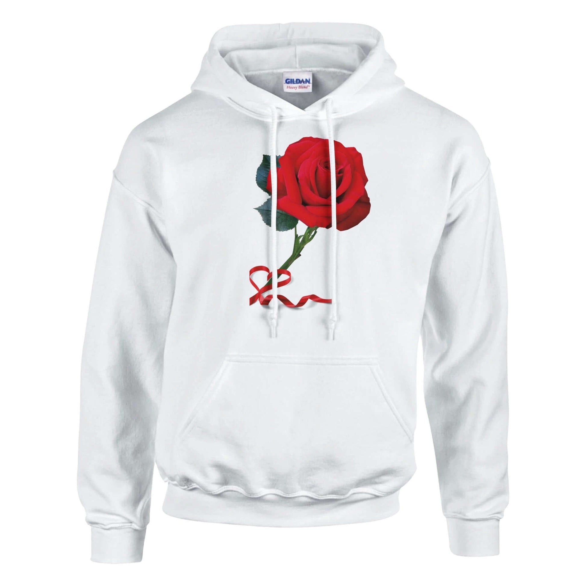 Red Rose unisex pullover hoodie featuring a vibrant rose graphic, crafted for comfort and style in a cotton-poly blend.