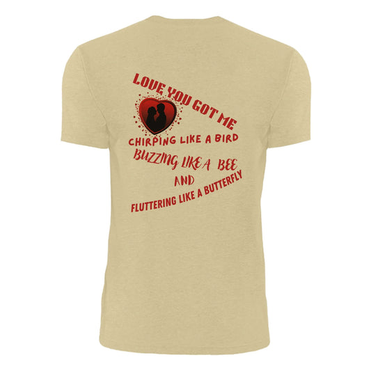 Back view of Love You Got Me Organic T-Shirt featuring whimsical love quote design.