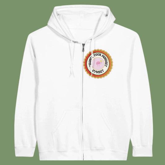 White zipped front hoodie with words change your mindset over the left breast