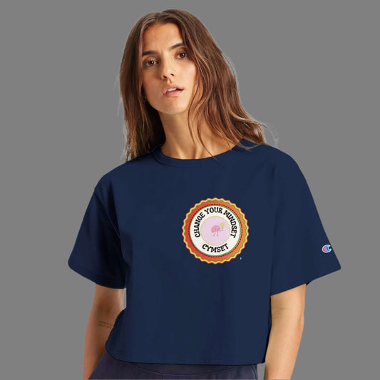 Crop top with the words change your mindset navy blue