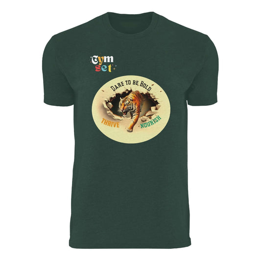 Dare to Be Bold Thrive Nourish words on a army green T-shirt