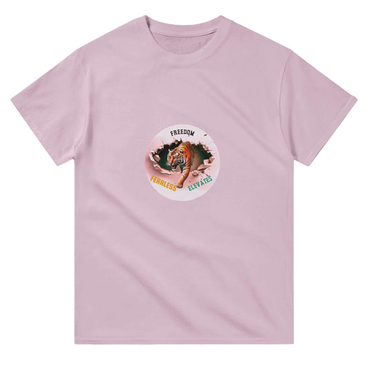 pink t-shirt with the words thrive, nourish and the image of a tiger coming out of a hole