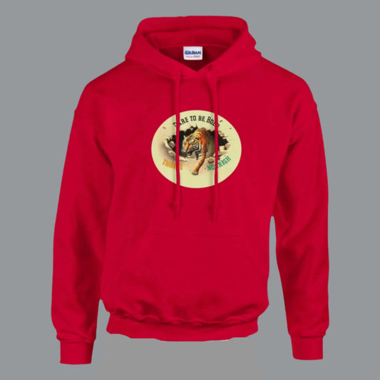 RED long sleeve hoodie pulloverm, with the image of a tiger coming out of his den