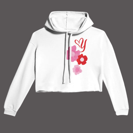 Flower Petals Heart & Y-Love Cropped Hoodie in white with floral design and drawstrings.