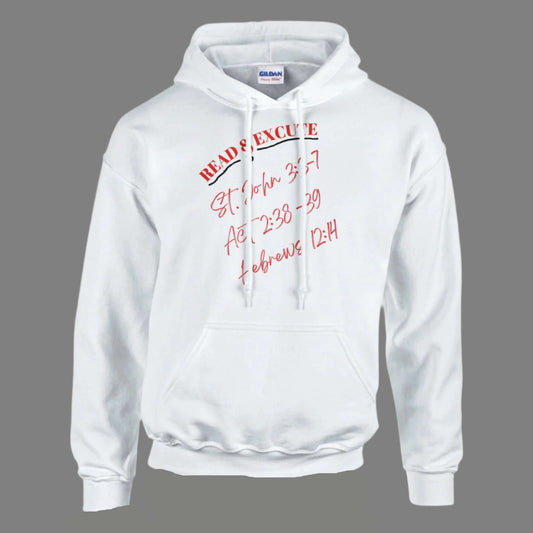 A white pullover top with the words read and execute, and e bible verse