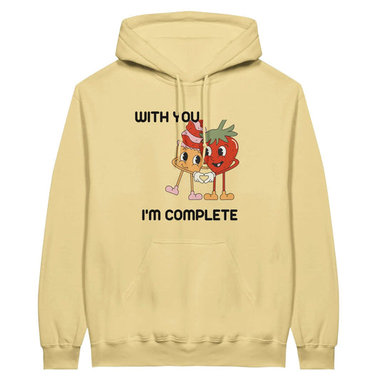 Unisex adult hoodie featuring playful characters with text 'With You I'm Complete' in a soft yellow color.
