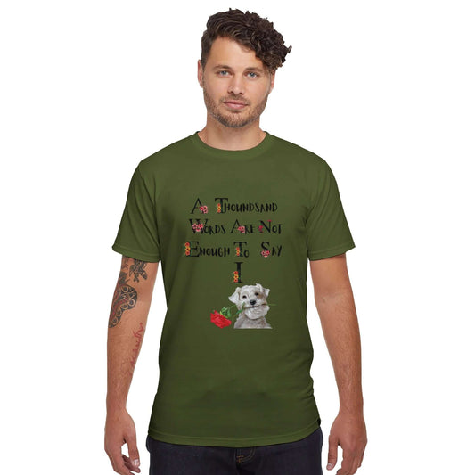 Organic unisex American-made t-shirt with love quote and graphic of a dog and red rose.