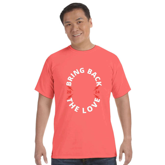 rose pink t-shirt with the words bring back the love