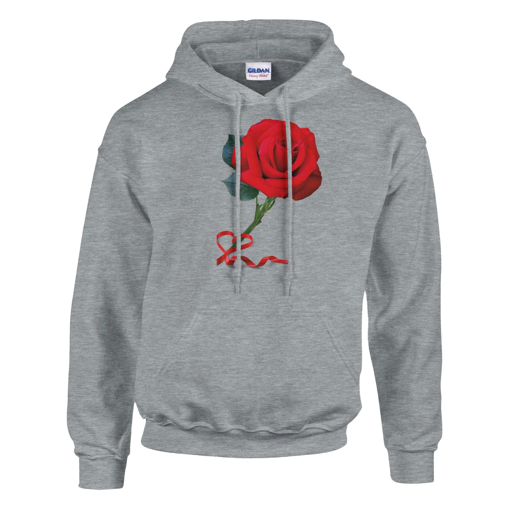 Red rose graphic on a gray unisex pullover hoodie, perfect gift for lovers and ideal for cozy outings.