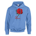 Blue unisex hoodie featuring a red rose graphic, ideal for comfort and style in casual wear.
