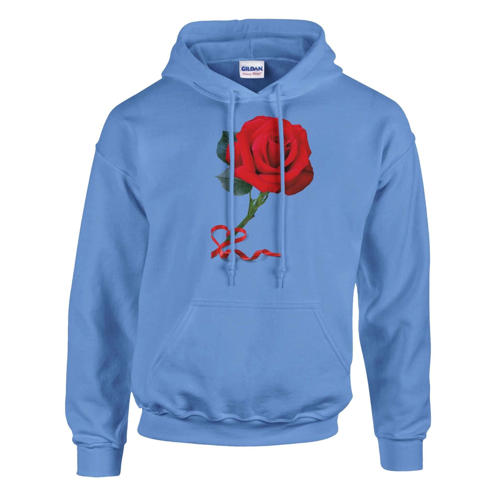 Blue unisex hoodie featuring a red rose graphic, ideal for comfort and style in casual wear.
