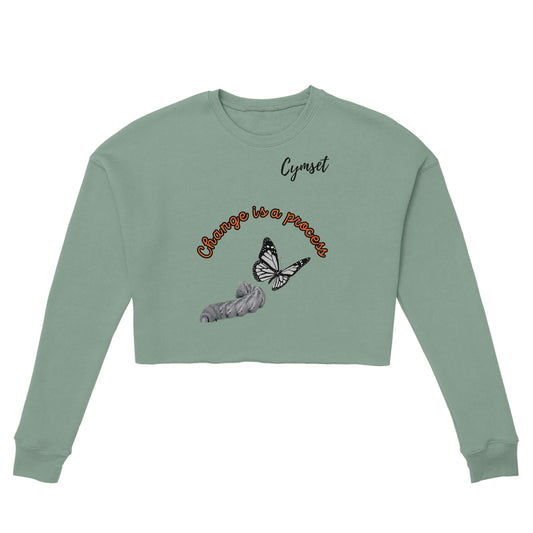 Cymset crop top dusty green with the words Change is a Process. graphic a caterpillar and butterfly