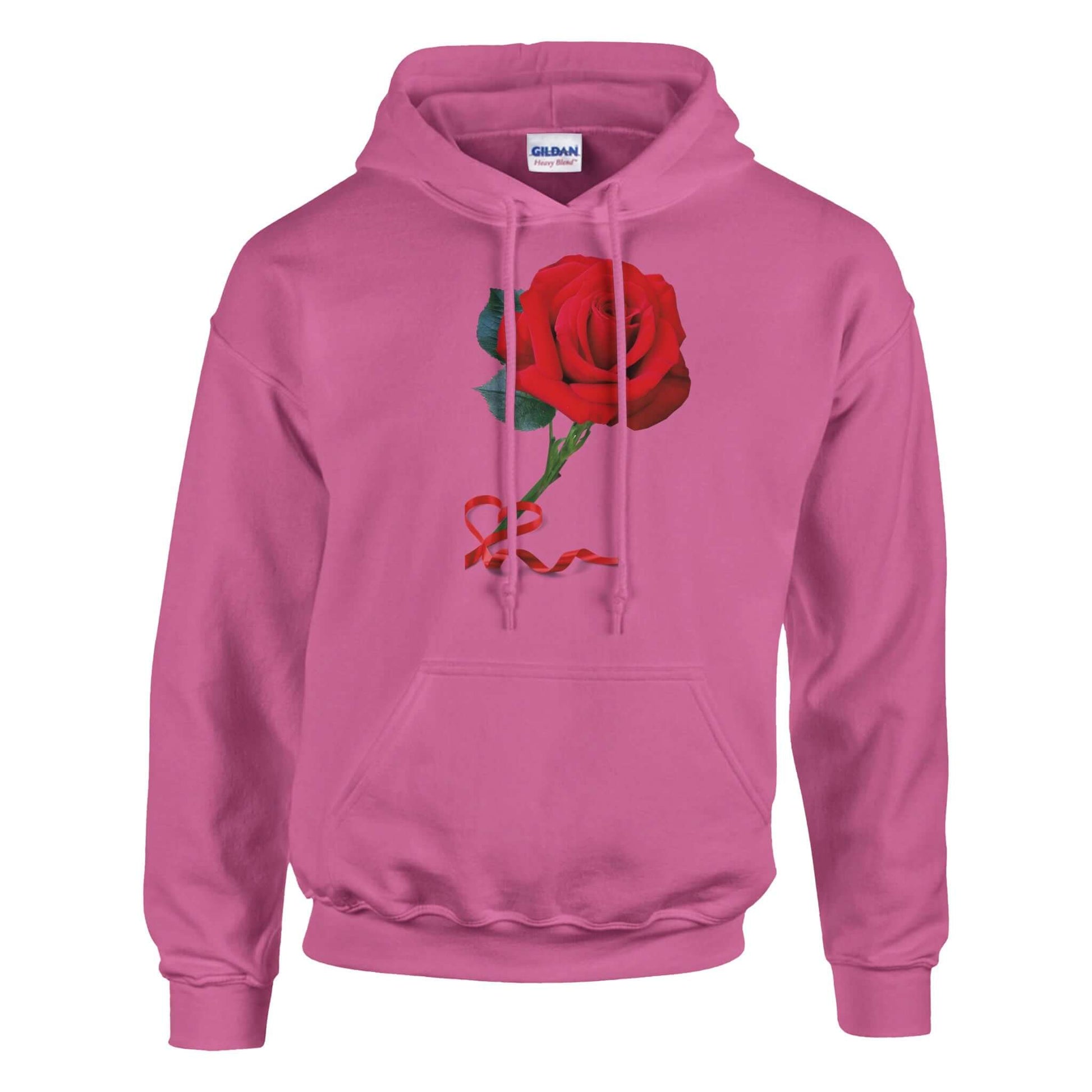 Red Rose design on a pink unisex pullover hoodie, perfect for expressing love in any language.