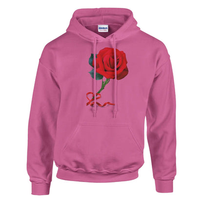 Red Rose design on a pink unisex pullover hoodie, perfect for expressing love in any language.