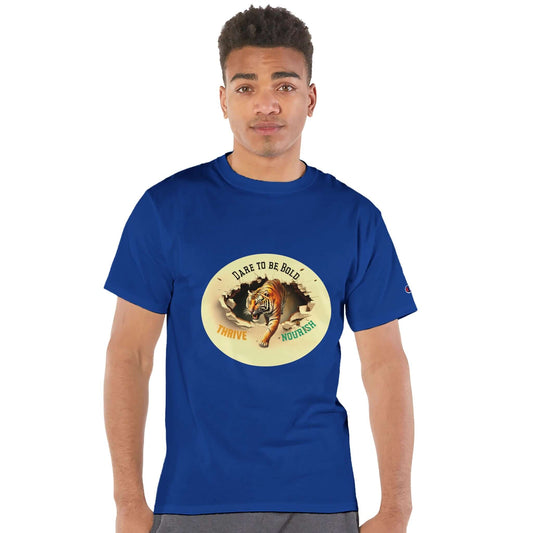 Royal Blue t-shirt with the words dear to be bold thrive, nourish