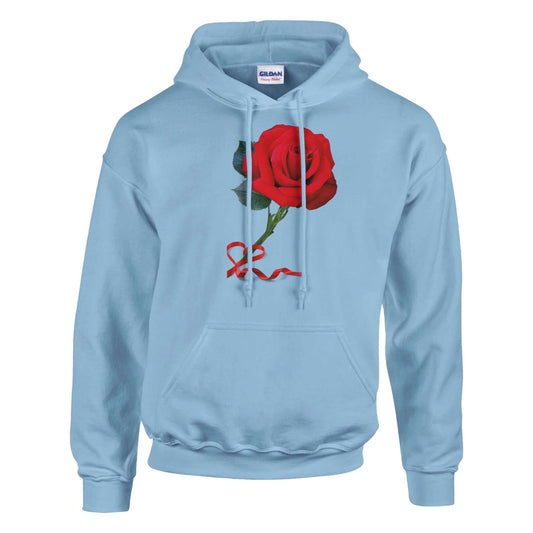 Red Rose pullover hoodie in light blue, featuring a large red rose graphic, perfect for stylish comfort.