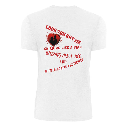 Back view of Love You Got Me organic unisex heavyweight t-shirt with playful text design.