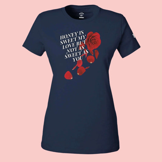 women navy blue sport long body t-shirt with the word honey is sweet my love but not as sweet as you
