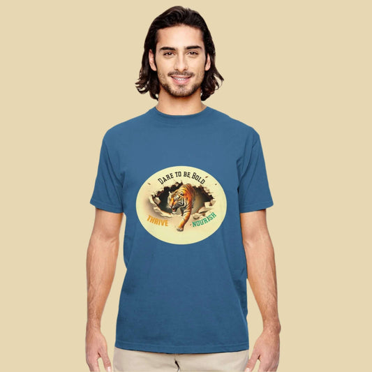 men t-shire with the image of a tiger coming out of his den.  text is dare o be bold thrive nouish