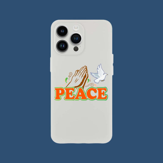 mobile phone case with a dove and clapped hands and the word peace