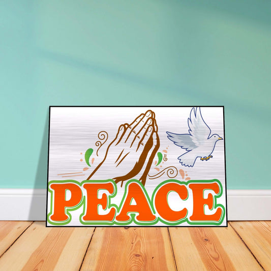poster with the with a white dove, clapped hands and the word peace in bold caps with green outline around the letters