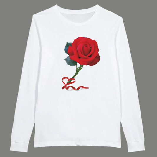 long sleeve white sweat t-shirt with a single red rose on the front